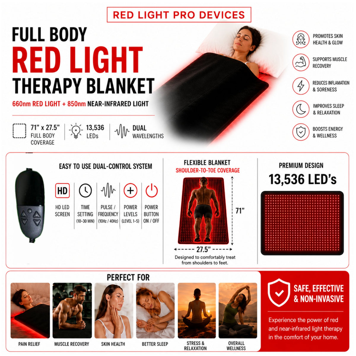 Red Light Blanket, Full Body Coverage | 660nm + 850nm Dual Wavelengths | 13,536 LEDs